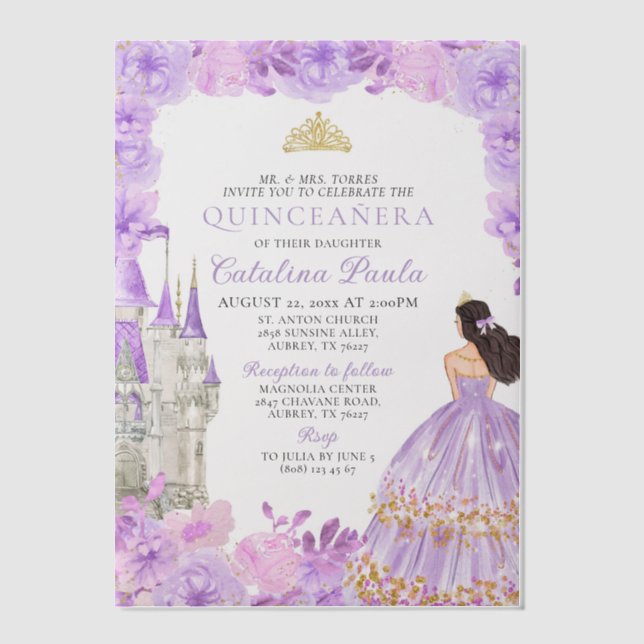 Light Purple Gold Tiara Princess Quinceañera Vellum Invitations (Front)