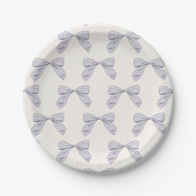 Light Purple Plaid Bow Elegant Neutral Baby Shower Paper Plate (Front)