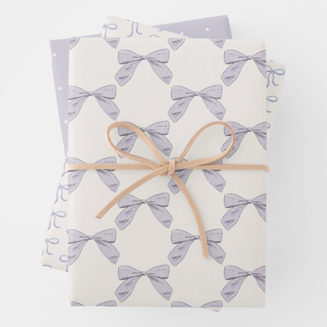 Light Purple Plaid Bow Elegant Neutral Baby Shower Wrapping Paper Sheet (In situ)