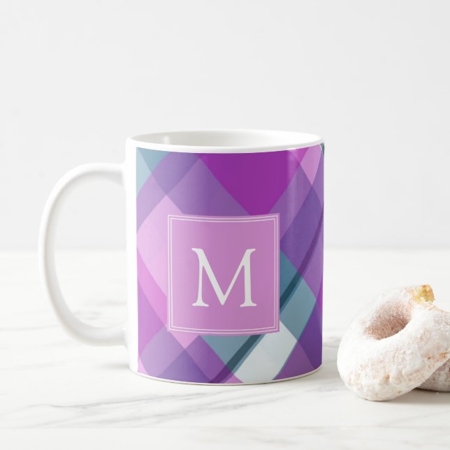 Light Purple Plaid Monogram Coffee Mug (With Donut)