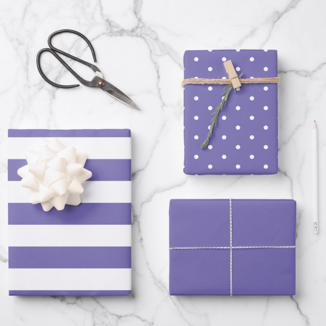 Light Purple Polka Dot Wide Striped and Solid Wrapping Paper Sheet (Front)