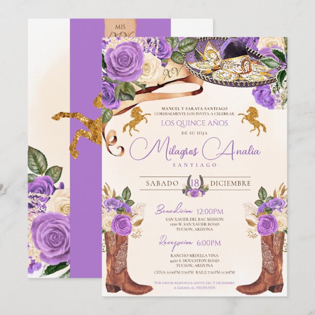 Light Purple Roses Western Charro Quinceañera Invitation (Front/Back)