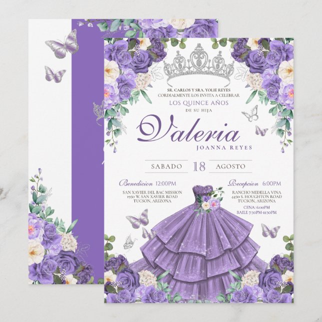 Light Purple Silver Butterfly Princess Quinceanera Invitation (Front/Back)
