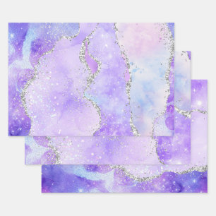 Light Purple & Silver Faux Glitter Pastel Agate Wrapping Paper Sheet