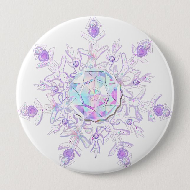light purple snowflake & glittering heart 4 inch round button (Front)