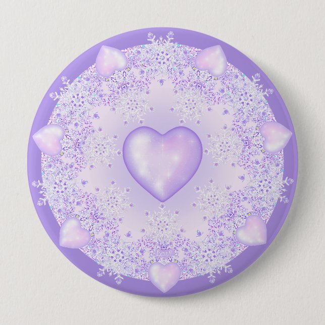 light purple snowflake & glittering heart 4 inch round button (Front)