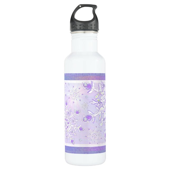 light purple snowflake & glittering heart 710 ml water bottle (Front)