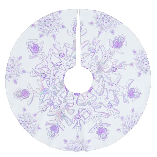 light purple snowflake & glittering heart brushed polyester tree skirt (Front)