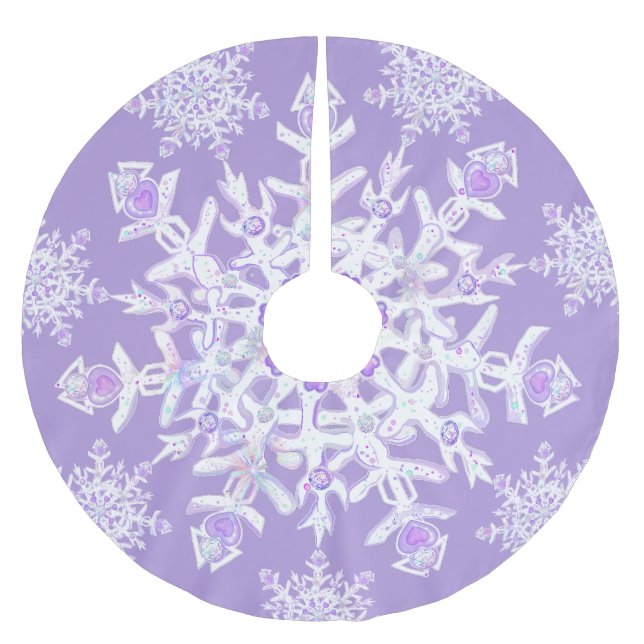 light purple snowflake & glittering heart brushed polyester tree skirt (Front)