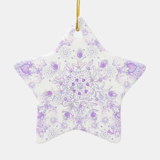 light purple snowflake & glittering heart ceramic ornament (Front)