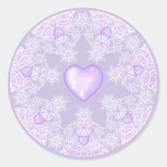 light purple snowflake & glittering heart classic round sticker (Front)