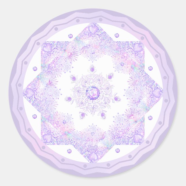 light purple snowflake & glittering heart classic round sticker (Front)