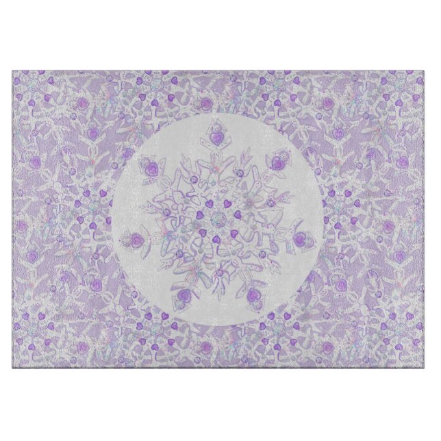 light purple snowflake & glittering heart cutting board (Front)