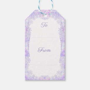 light purple snowflake & glittering heart gift tags