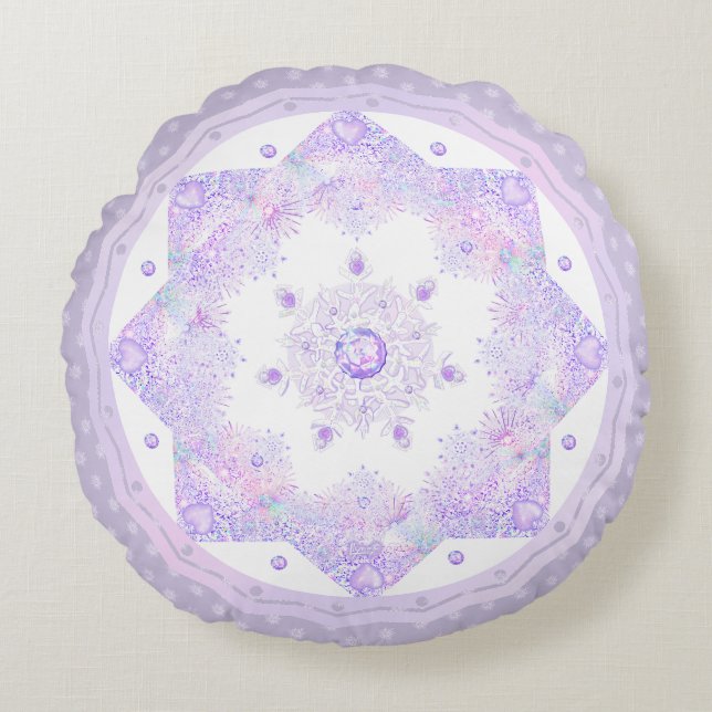 light purple snowflake & glittering heart round pillow (Front)
