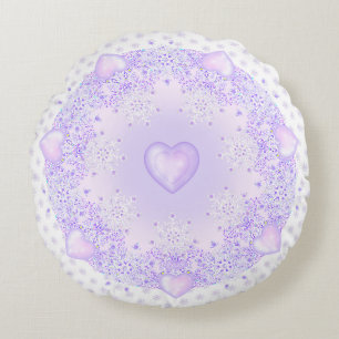 light purple snowflake & glittering heart round pillow