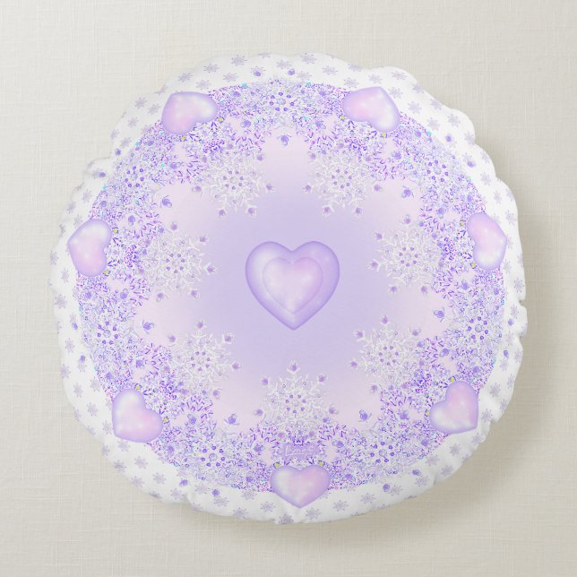 light purple snowflake & glittering heart round pillow (Front)