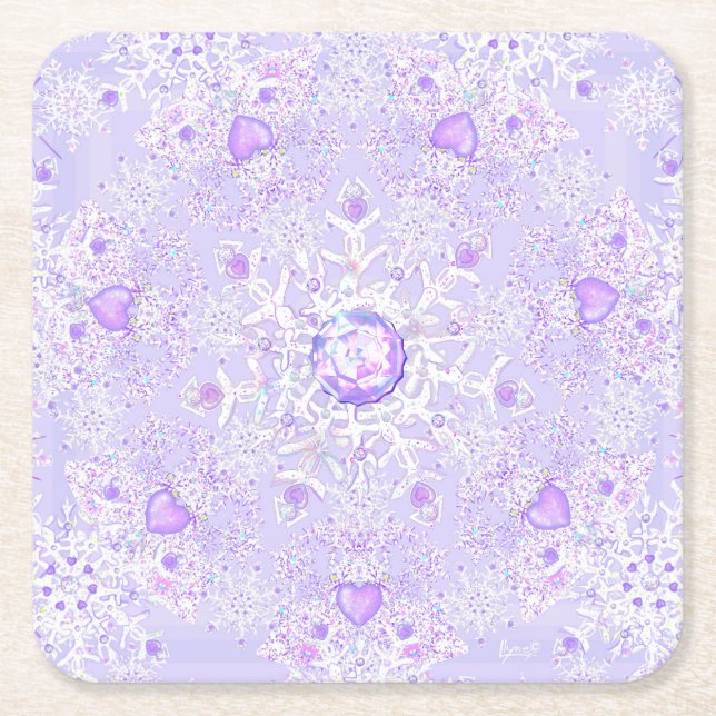 light purple snowflake & glittering heart square paper coaster (Front)