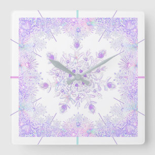 light purple snowflake & glittering heart square wall clock