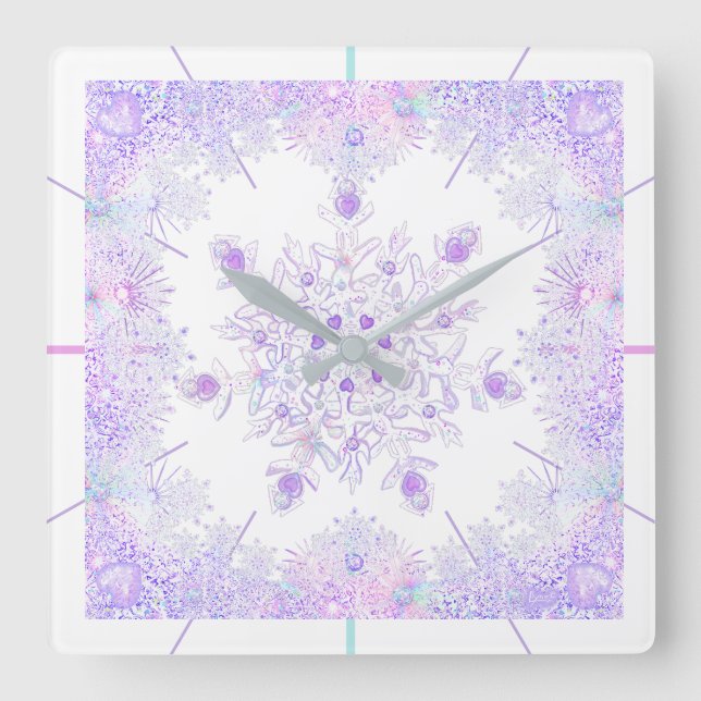 light purple snowflake & glittering heart square wall clock (Front)