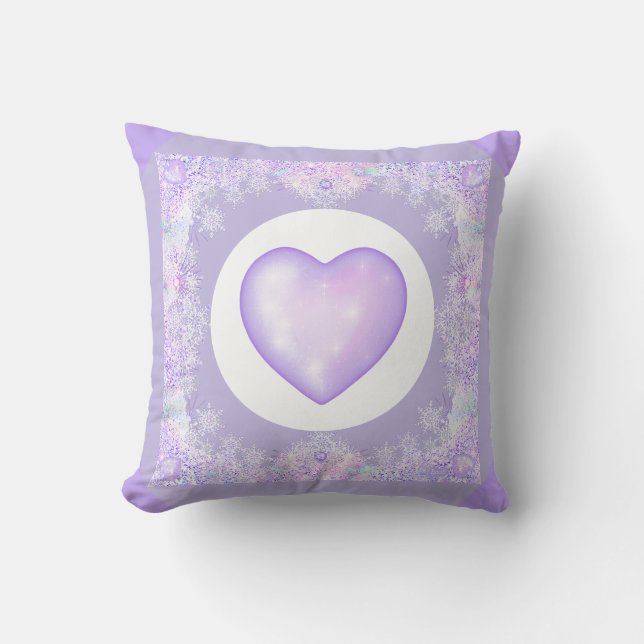 light purple snowflake & glittering heart throw pillow (Front)