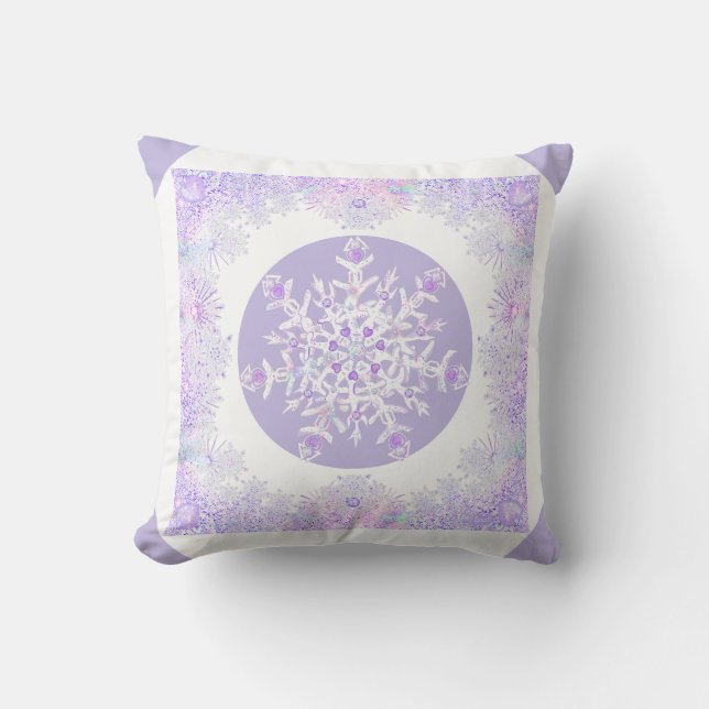 light purple snowflake & glittering heart throw pillow (Front)