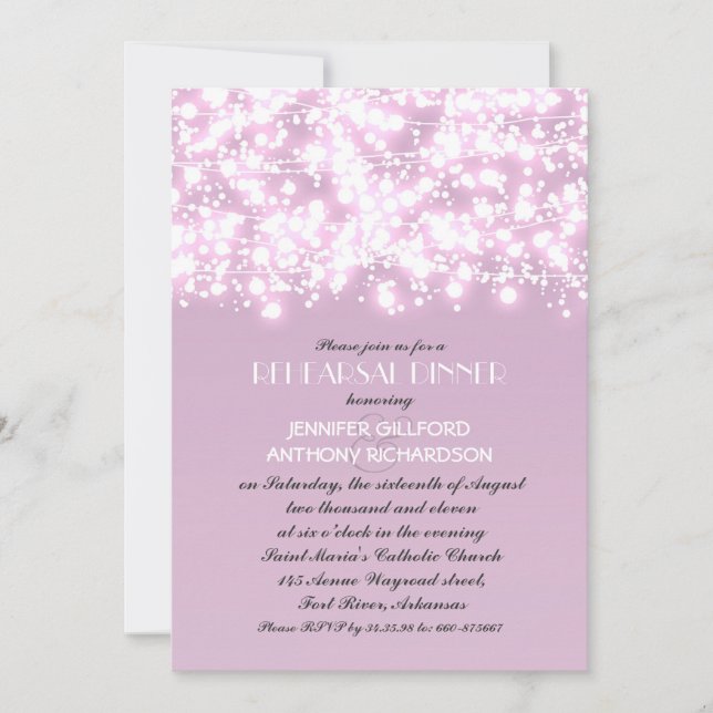 light purple string lights rehearsal dinner invitation (Front)