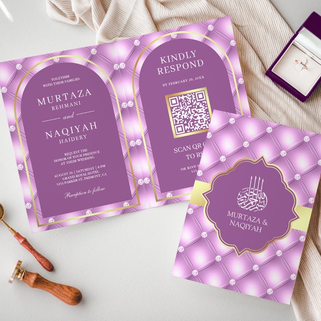 Light Purple Tufted Pattern QR Code Muslim Wedding Invitation (Creator Uploaded)