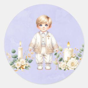 Light Purple Watercolor Boy Baptism  Classic Round Sticker