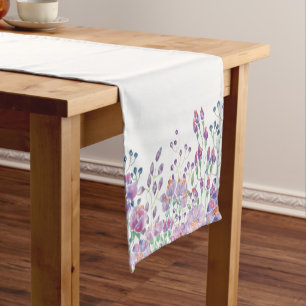 Light Purple Watercolor Meadow Flowers White Short Table Runner
