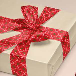 Light Red Scallop Holly Branch Berries Christmas Satin Ribbon