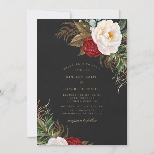 Light Red Watercolor Peonies Floral Black Wedding Invitation (Front)