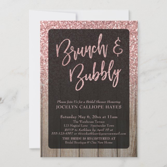Light Rose Gold Glitter Barn Wood Brunch & Bubbly Invitation (Front)