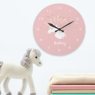 Light Rose Pink White Magical Unicorn Custom Large Clock