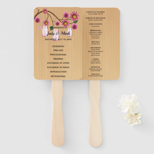 Light Rustic Pink Floral Mason Jars Wedding Hand Fan (Front and Back)