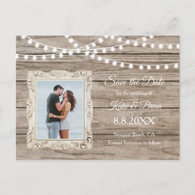 Light Rustic wood String Lights Save the Date Announcement Postcard (Front)