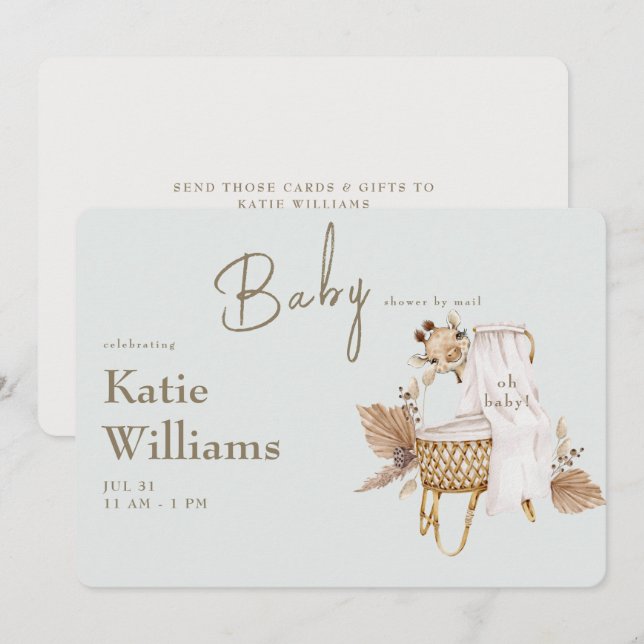 Light Sage Baby Shower Bassinet Giraffe Virtual Invitation (Front/Back)