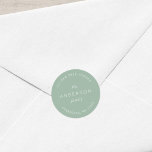 Light Sage Family Name Return Address Classic Round Sticker<br><div class="desc">Light Sage Family Name Return Address Classic Round Sticker features your family last name and address in white against a light sage colour. Check out the matching wedding items https://www.zazzle.com/collections/peach_layered_geometric_light_sage_wedding-119919264900833968 Personalize it by replacing the placeholder text. For more options such as to change the font, it's size and spacing between...</div>