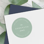 Light Sage Family Name Return Address Modern Classic Round Sticker<br><div class="desc">Light Sage Family Name Return Address Classic Round Sticker features your family last name and address in white against a light sage colour. Check out the matching wedding items https://www.zazzle.com/collections/peach_layered_geometric_light_sage_wedding-119919264900833968 Personalize it by replacing the placeholder text. For more options such as to change the font, it's size and spacing between...</div>
