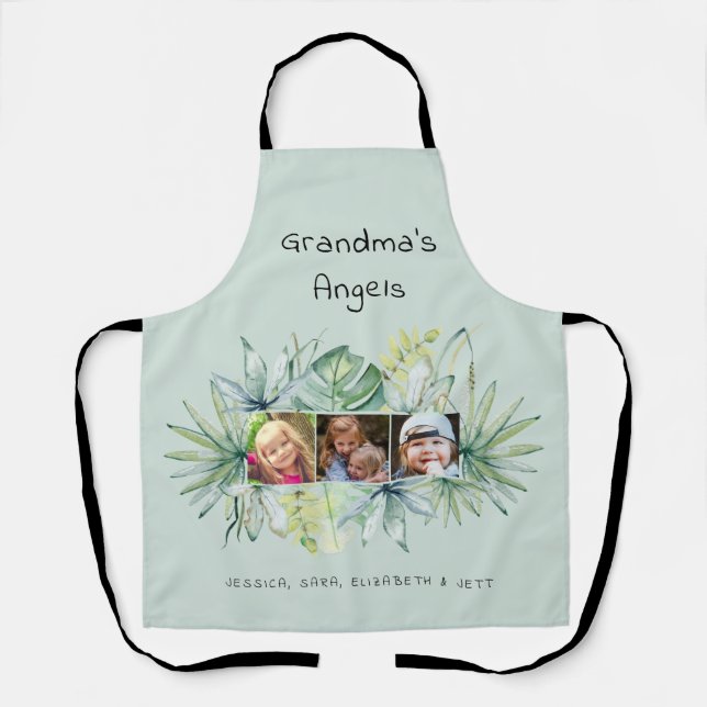 Light Sage Grandma's Angels Tropical Collage Photo Apron (Front)