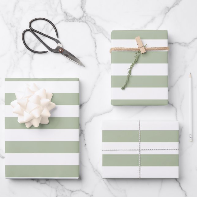 Light Sage Green and White Stripes Wrapping Paper Sheet (Front)