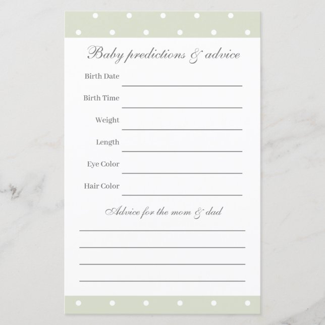 Light Sage Green Baby Shower Guessing Game (Front)