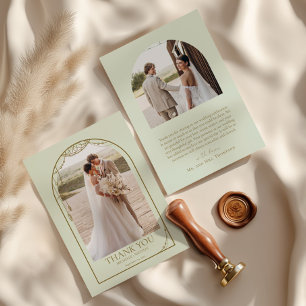 Light Sage Green Boho Beaded Arch Frame Wedding Thank You Card