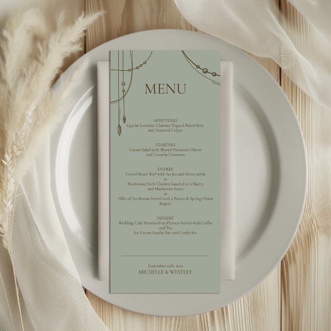 Light Sage Green Boho Draped Beaded Wedding Menu (Creator Uploaded)