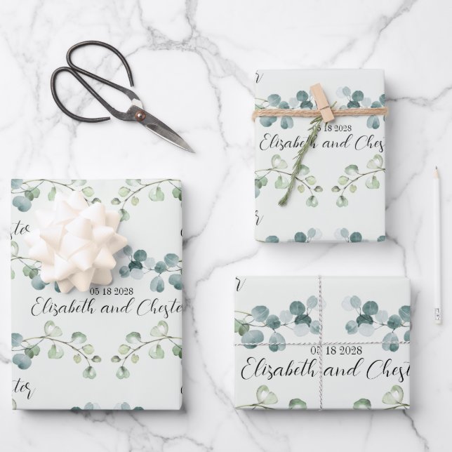 Light Sage Green Eucalyptus Sprig Wedding Branding Wrapping Paper Sheet (Front)