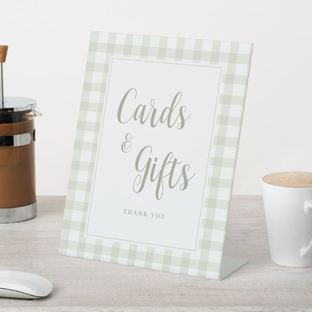 Light Sage Green Gingham Baby Shower Cards & Gifts Pedestal Sign (In SItu)