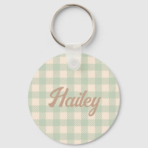 light sage green gingham checked plaid wedding keychain