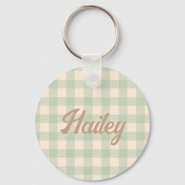 light sage green  gingham checked plaid wedding keychain (Front)
