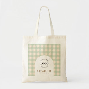 Light sage green Gingham preppy Logo Business Tote Bag