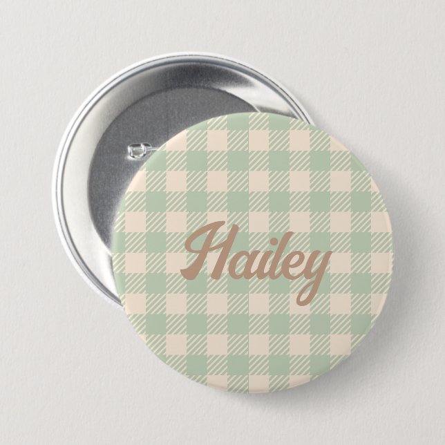 light sage green gingham preppy plaid checked 3 inch round button (Front & Back)